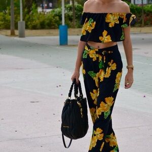 ZARA Black and Yellow Floral Pants